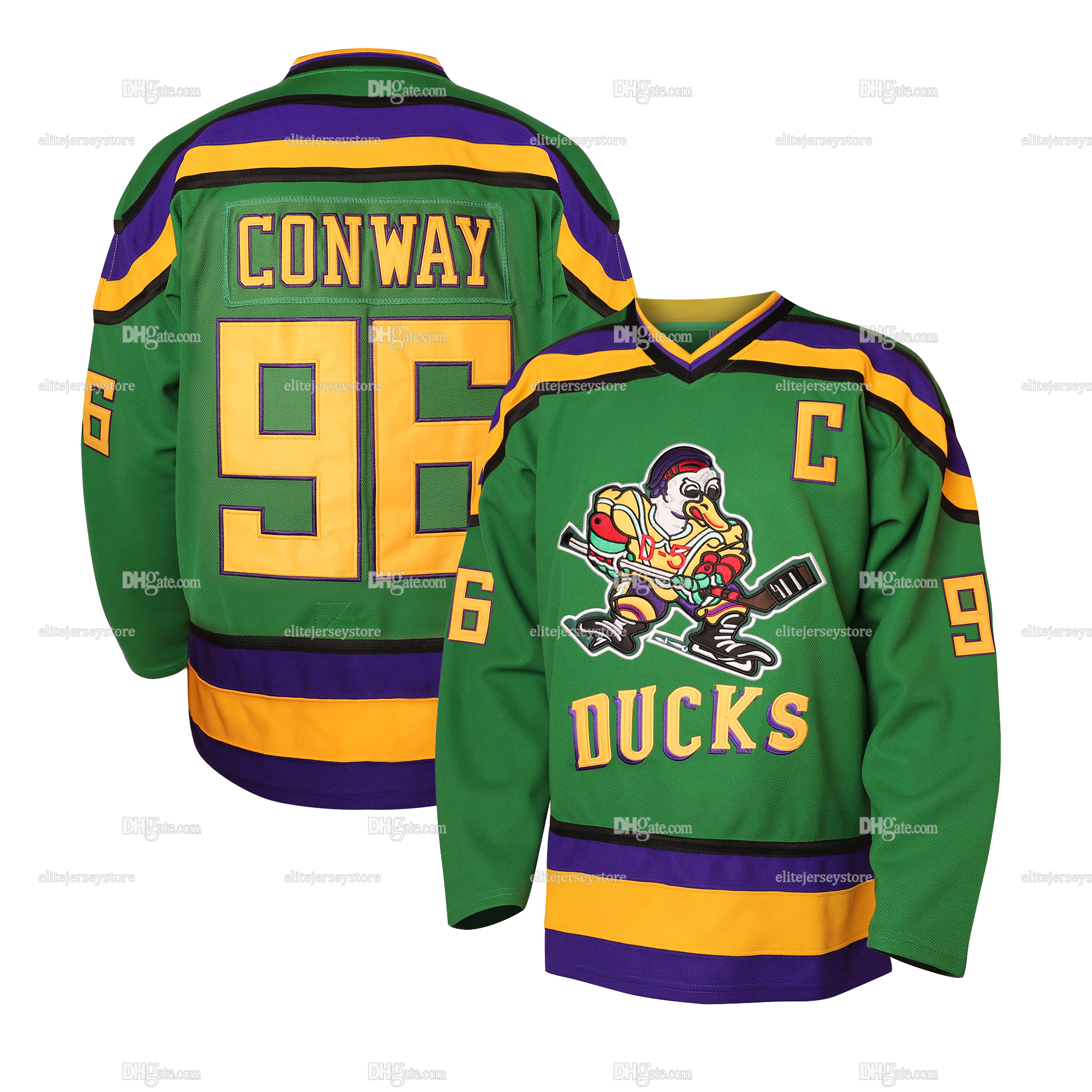 Men Youth Mighty Ducks Movie HOCKEY Jerseys 96 Charlie Conway 99 Adam Banks 33 Greg Goldberg Black Green Kids Embroidered Letter Number Design Polyest