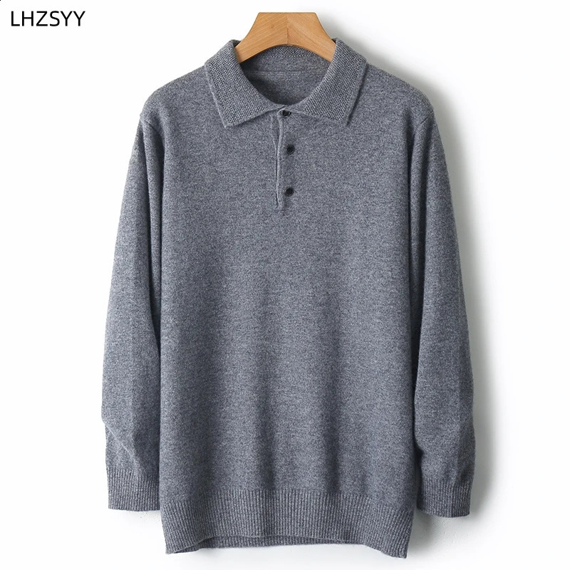 LHZSYY 100% Merino wool open collar wool mens lapel long sleeved polo neck sweater loose top knitted plus size shirt 241203