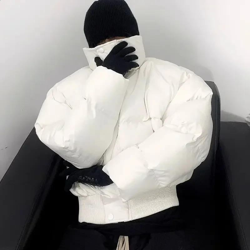 Winter stand up collar thick cotton jacket mens simple loose casual bread jacket solid color long sleeved zipper button jacket 241202