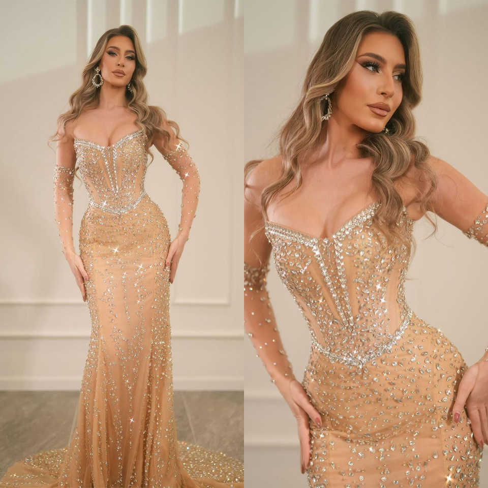 Mermaid Evening Dresses For Women Sweetheart Removable Sleeves Gown Crystal Sweep Train Customized Dress Party Prom