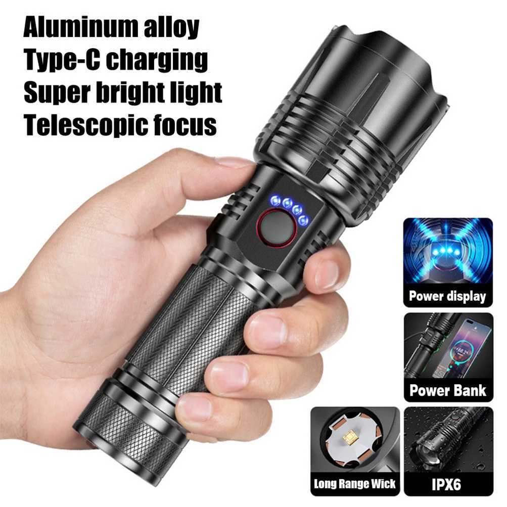 XHP70 Self Defense Flashlight Aluminum Camping Rechargeable Lamp powerful Teaser Personal Defense Lantern Power LED Work Light Z241204