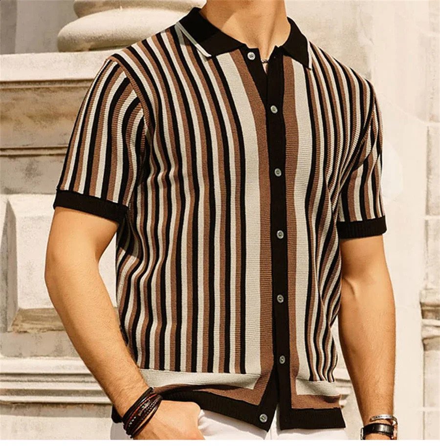 Mens Knitted Polo Shirt Fashion Striped Short Sleeve Mens Business Top Casual Breathable Camisas Knitted 241203