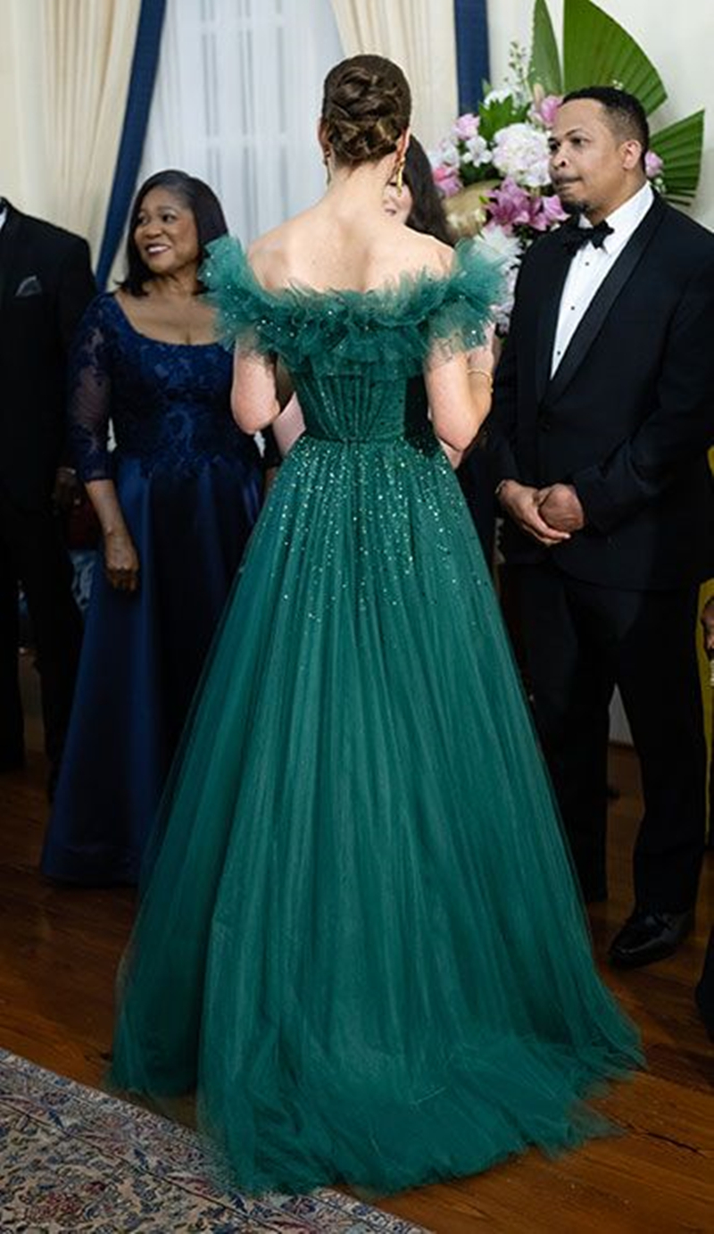 Elegant Hunter Green Tulle Evening Dresses With Ruffles Off The Shoulder Long A Line Formal Occasion Gowns Beaded Chic Prom Dress For Women 2025