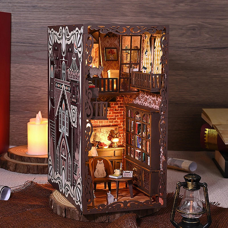DIY Book Nook Kit Mini Dollhouse with LED Light 3D Puzzle Model Architecture Wooden Bookshelf Bookend Toy Adult Birthday Gift 241204