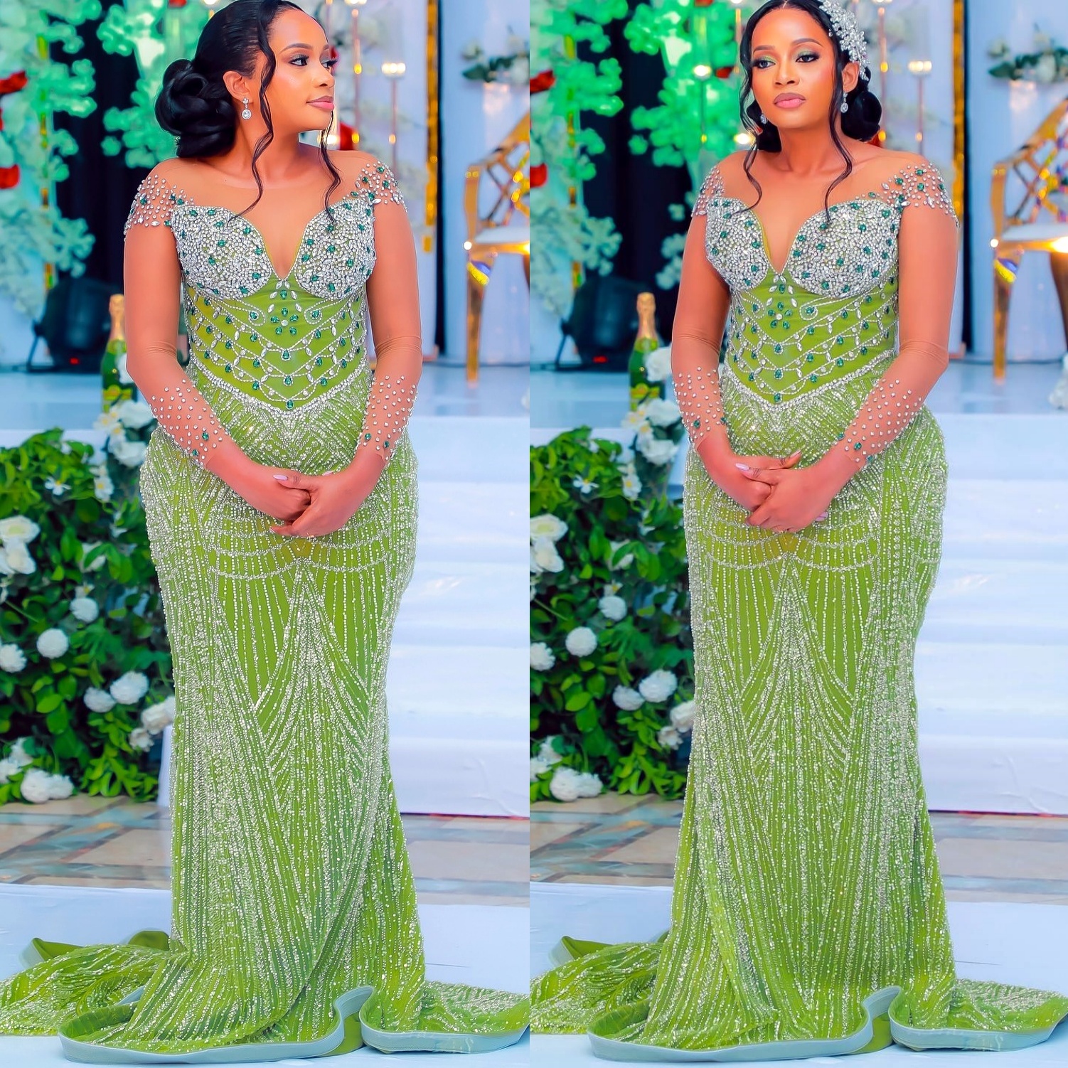Green Mermaid Prom Dresses 2024 Rhinestones Beaded Full Sleeves Evening Formal Party Second Birthday Engagement Gowns Plus Size Dress For Special Occa