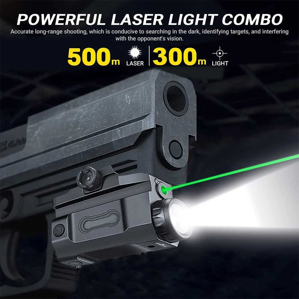 800 Lumens Pistol Flashlight Laser Combo USB Rechargeable Weapon Gun Light with Red/Green Laser Beam Compact 20mm Rail LED TorchW241227