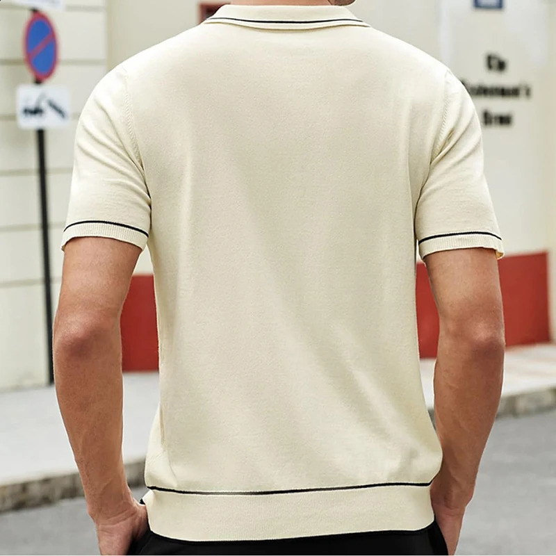 Mens button casual knitted polo shirt streetwear retro solid color long sleeved fashion knitting 241203