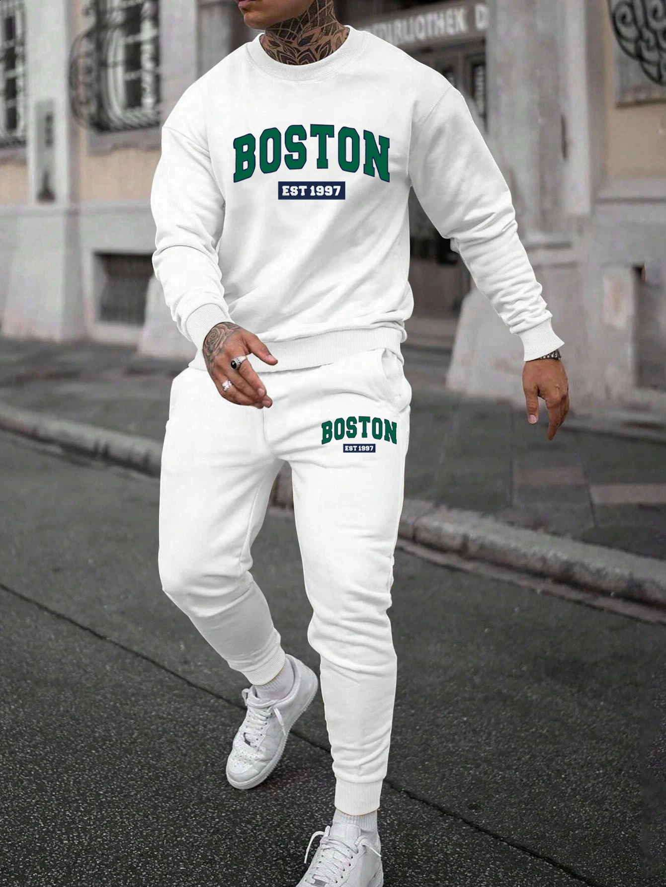 Trendy Hoodie Mens Casual Set Sweater Trouser Printed Versatile Long Sleeve Sweater Mens Sportswear 241203