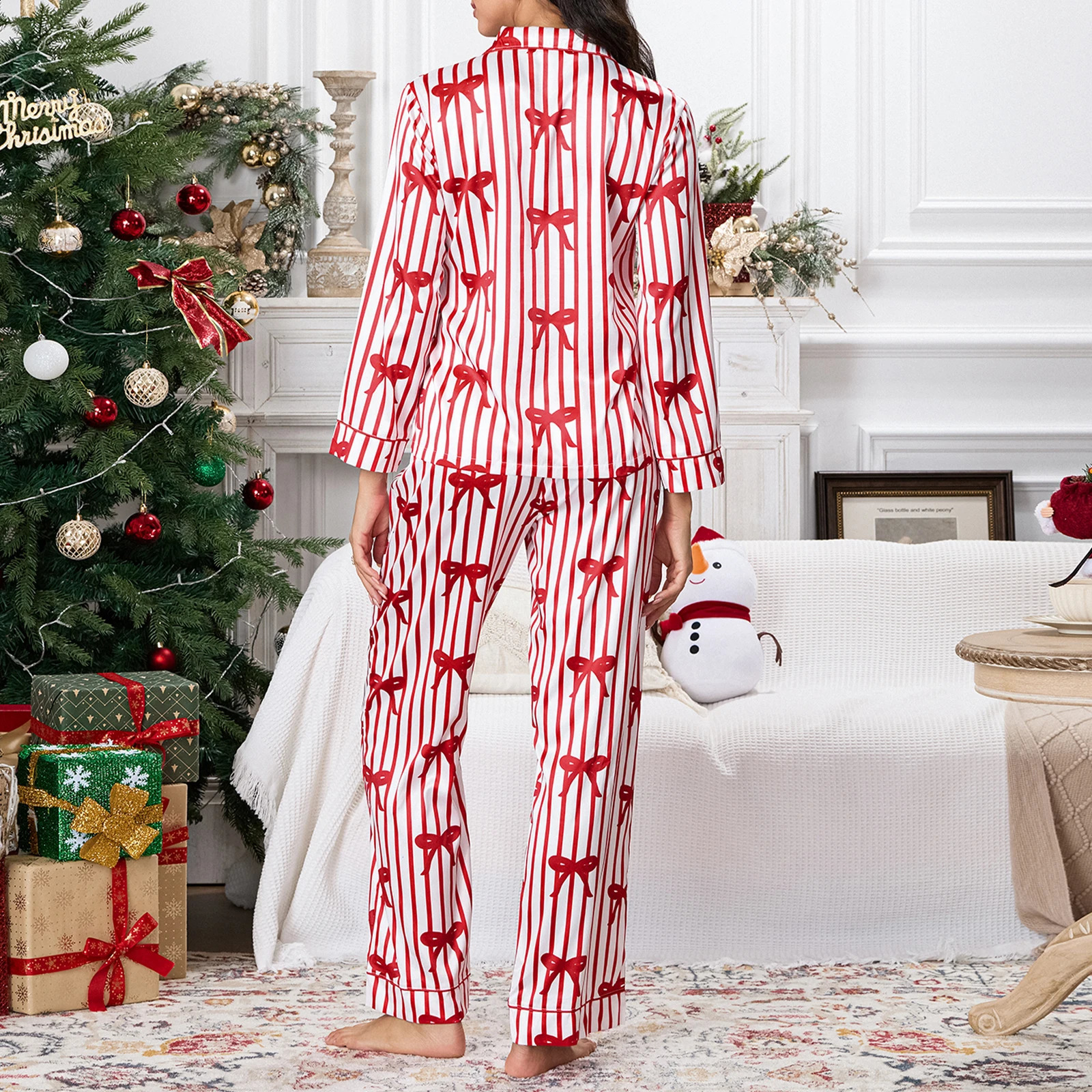 Hirigin Womens 2-piece Christmas Pajama Set Long Sleeve Striped Printed Button TopPants Set Casual Wear 241203