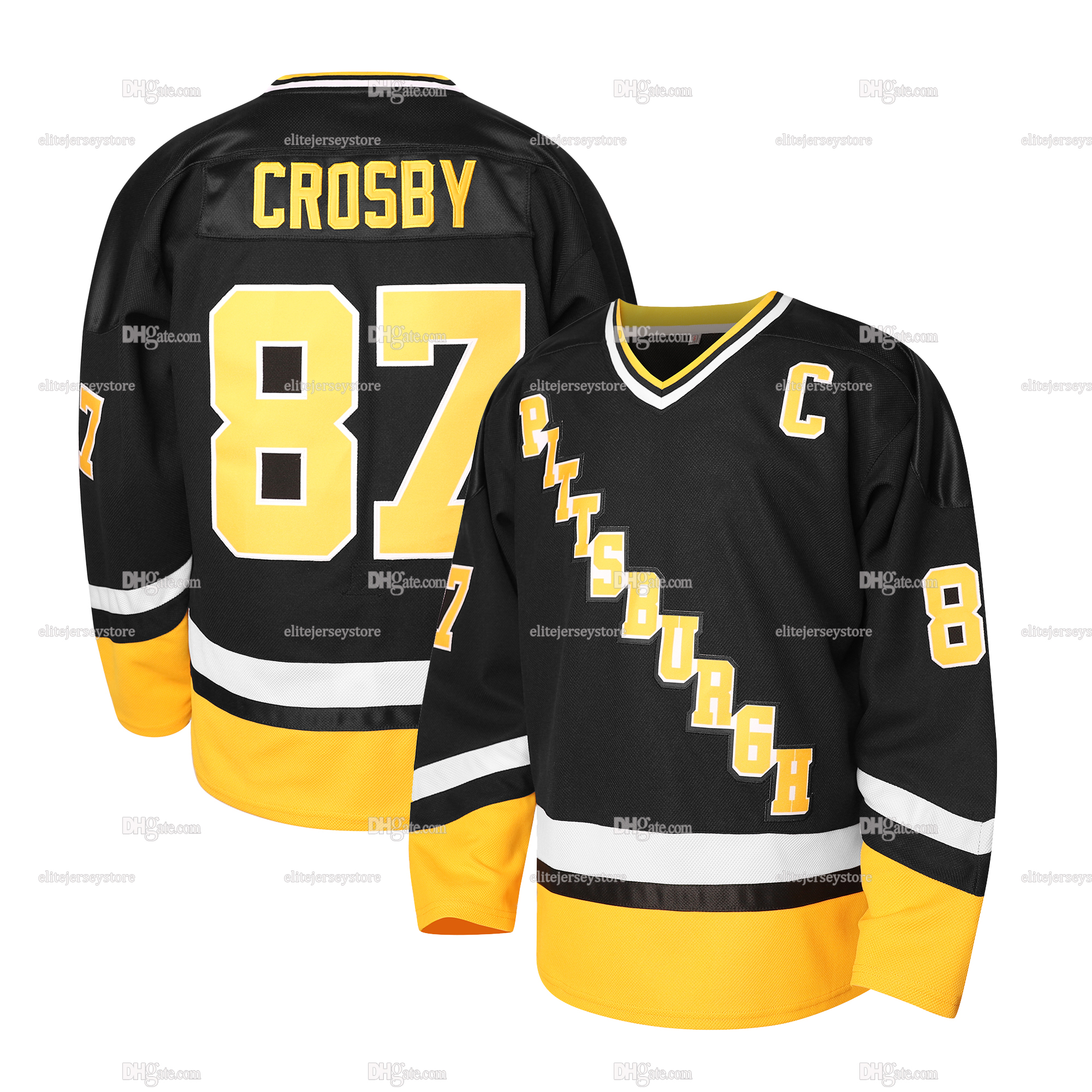 In Stock 87 Crosby 66 Lemieux Black Hockey Jersey Classic Retro Style Sportswear 100% Stitched Fast Shipping Embroidered Letter Number Design
