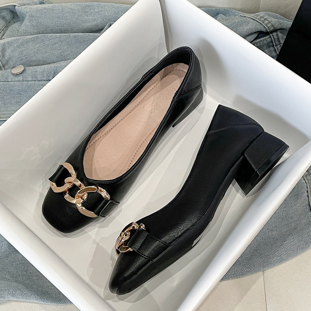 47add brand chains pumps metal genuine leather med-high heels single woman sqaure toe escarpins femme cowhide OL shoes size 43