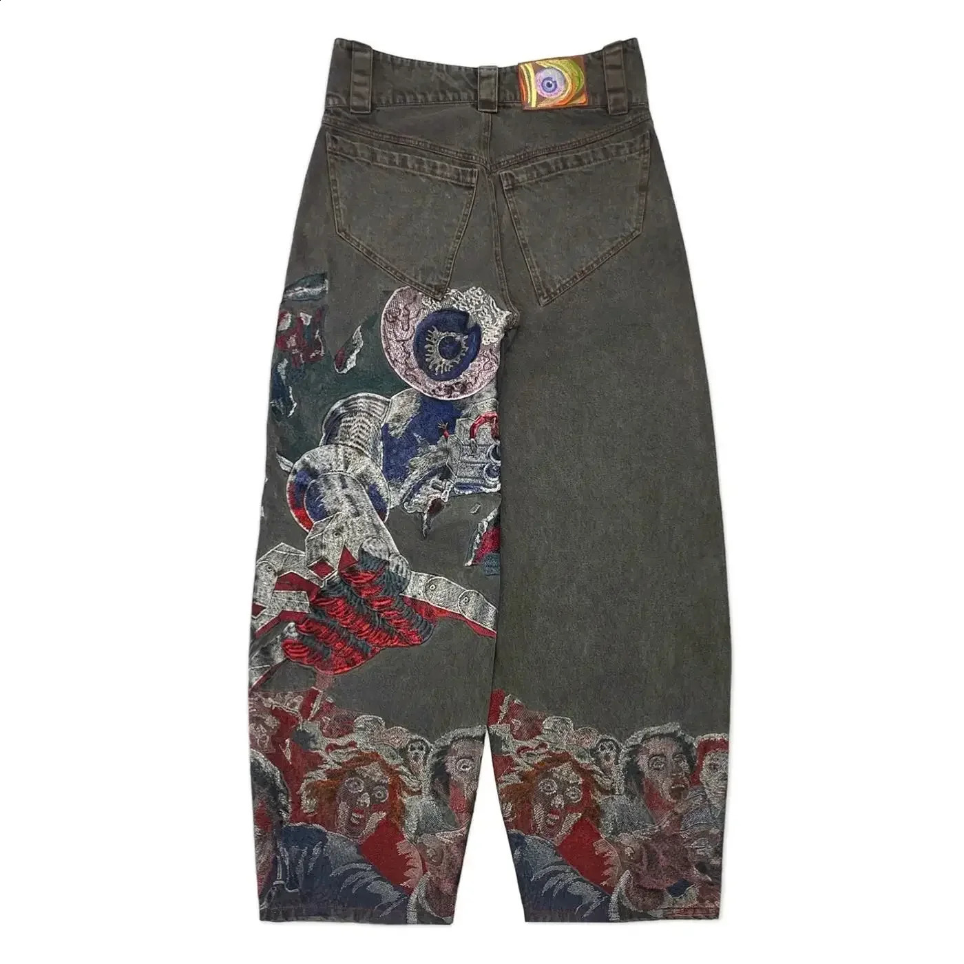 Cracked jeans hip-hop punk embroidery printed pocket jeans mens heavy-duty craftsmanship retro style wide leg pants Gothic Y2k jeans 241203