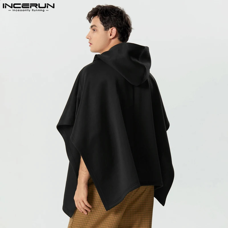 Mens Cloak Coat Solid Color Hooded Button Irregular Trench Raincoat Street Loose Fashion Casual Mens Cape Town S-5XL INCERUN 241203