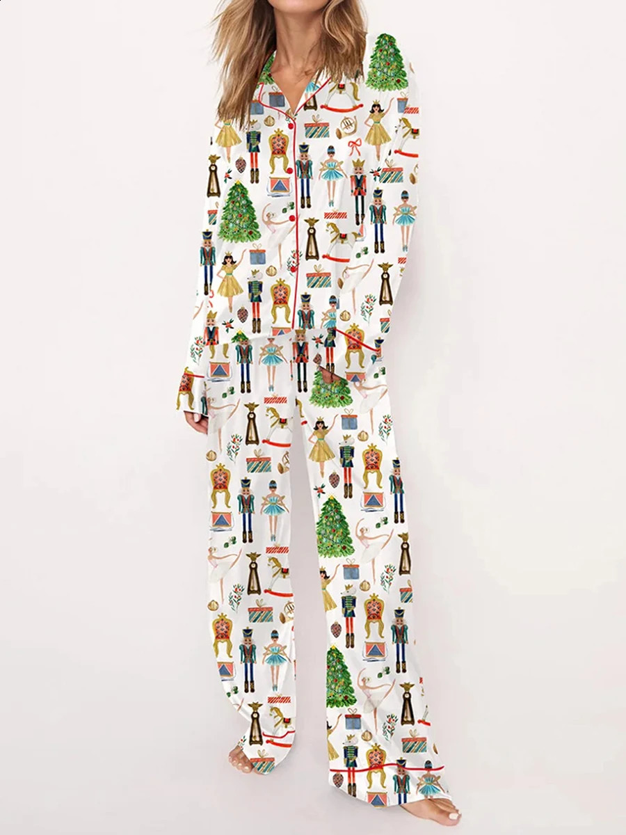 Comfortable satin Christmas pajama set for women with nutcracker long sleeved shirt lounge set two-piece set Pjs pants pajamas 241203