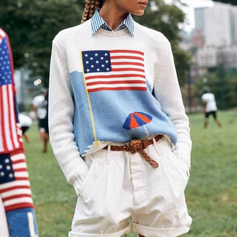 Women's Polo Knitted Hoodie Sweater Jacket US Flag Round Neck Sweater 2025 Winter Luxury Fashion Comfortable Cotton s-2XL