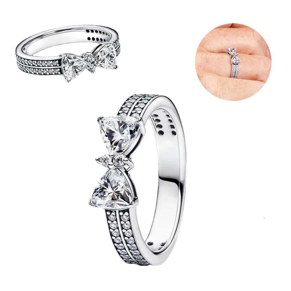 925 Sterling silver NEW 2024 Christmas Bow ring Sparkling Pink Band Elevated Heart Round Halo Shooting Stars Open Square Cocktail Statement Ring for W