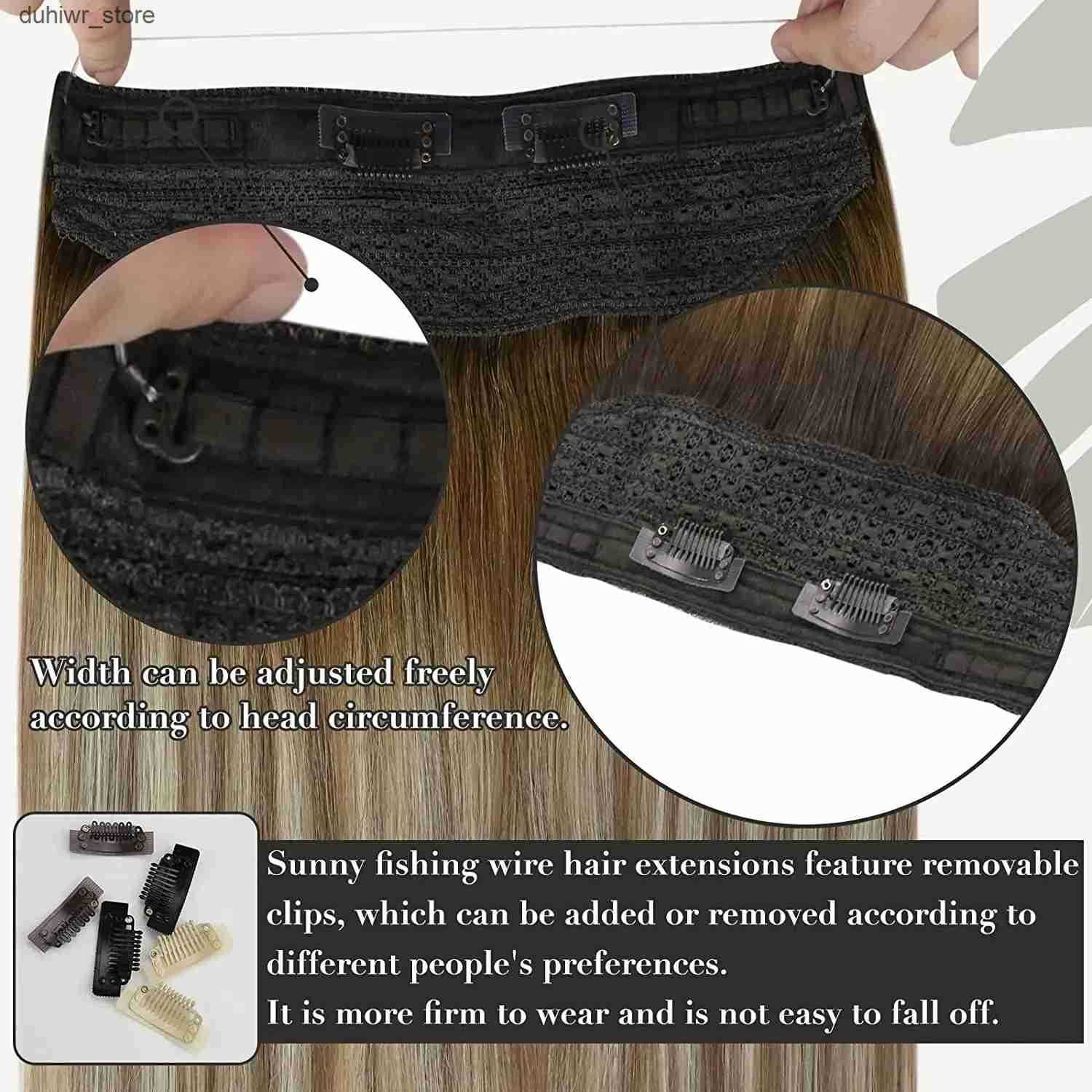 Hair Wefts VeSunny Fish Line Human Hair Extension Wire Natural Hair OnePiece Invisible Wire Hair Weft with 2 Clips Machine Made Blonde Hair J241204