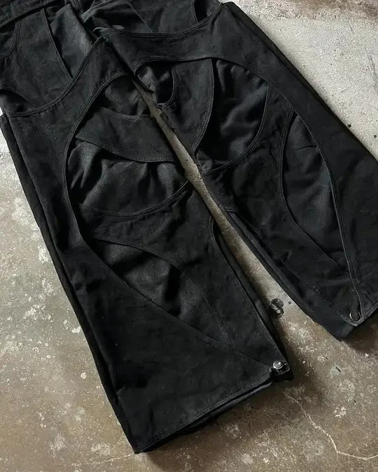 Y2K trend mens Gothic hip-hop retro hollow oversized loose jeans Harajuku fashion wide leg wide pants 241203