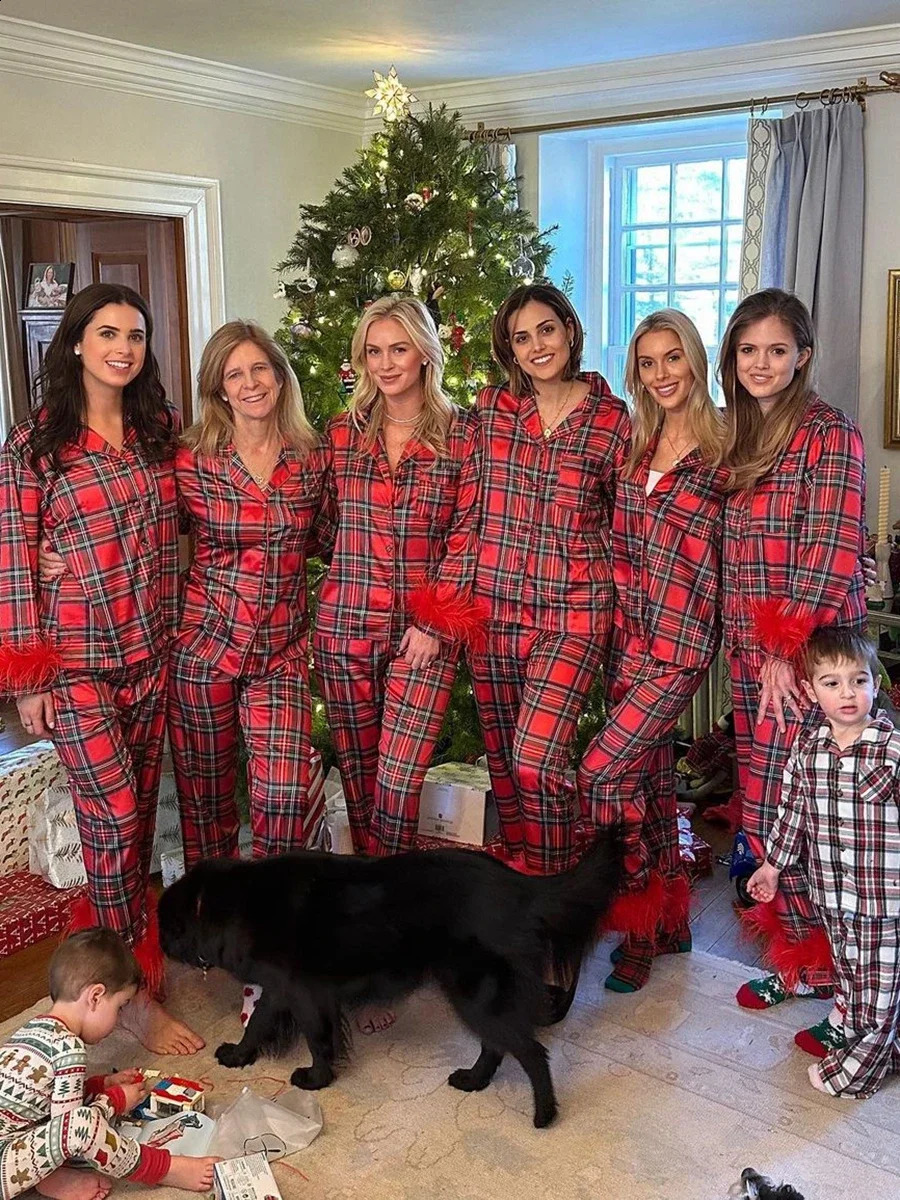 Womens 2-piece solid color/checkered pajama set with feather long sleeved lapel button top and sleepwear 241203