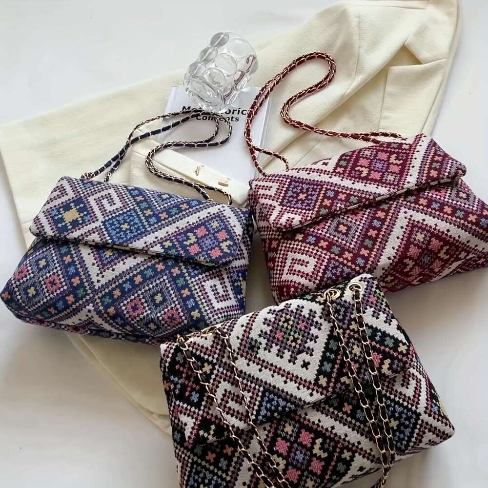 Ethnic style canvas crossbody Bohemian chain shoulder bag, geometric embroidery women's handbag wallet