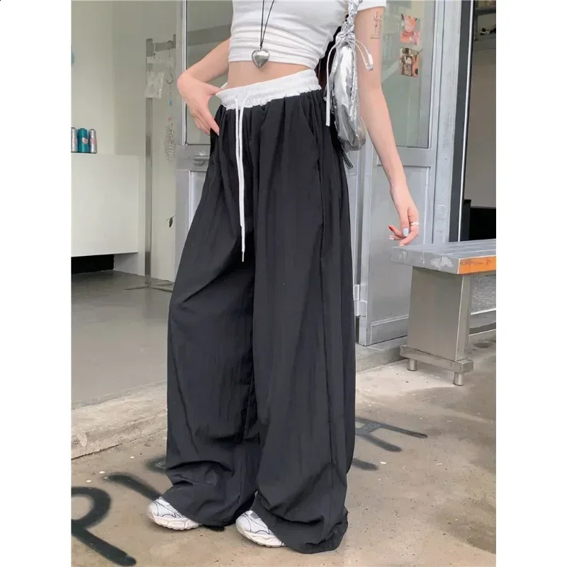 patch work elastic waist wide leg casual pants womens four season texture dress straight mop pants loose Trouser pants 241203