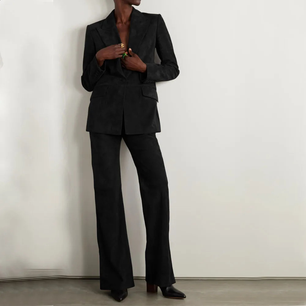 Womens Suede Suit Elegant Womens Sets Set Woman 2 Pieces 1 Button Jacket Pants Office Outfits Blazer Suits Clothing 241203