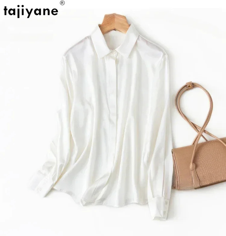 Tiyane Women's 93% Mulberry 7% Spandex 19 Momme Satin Silk Buttons Long Sleeve Shirt Top Blouse Office Work Chemise Femme