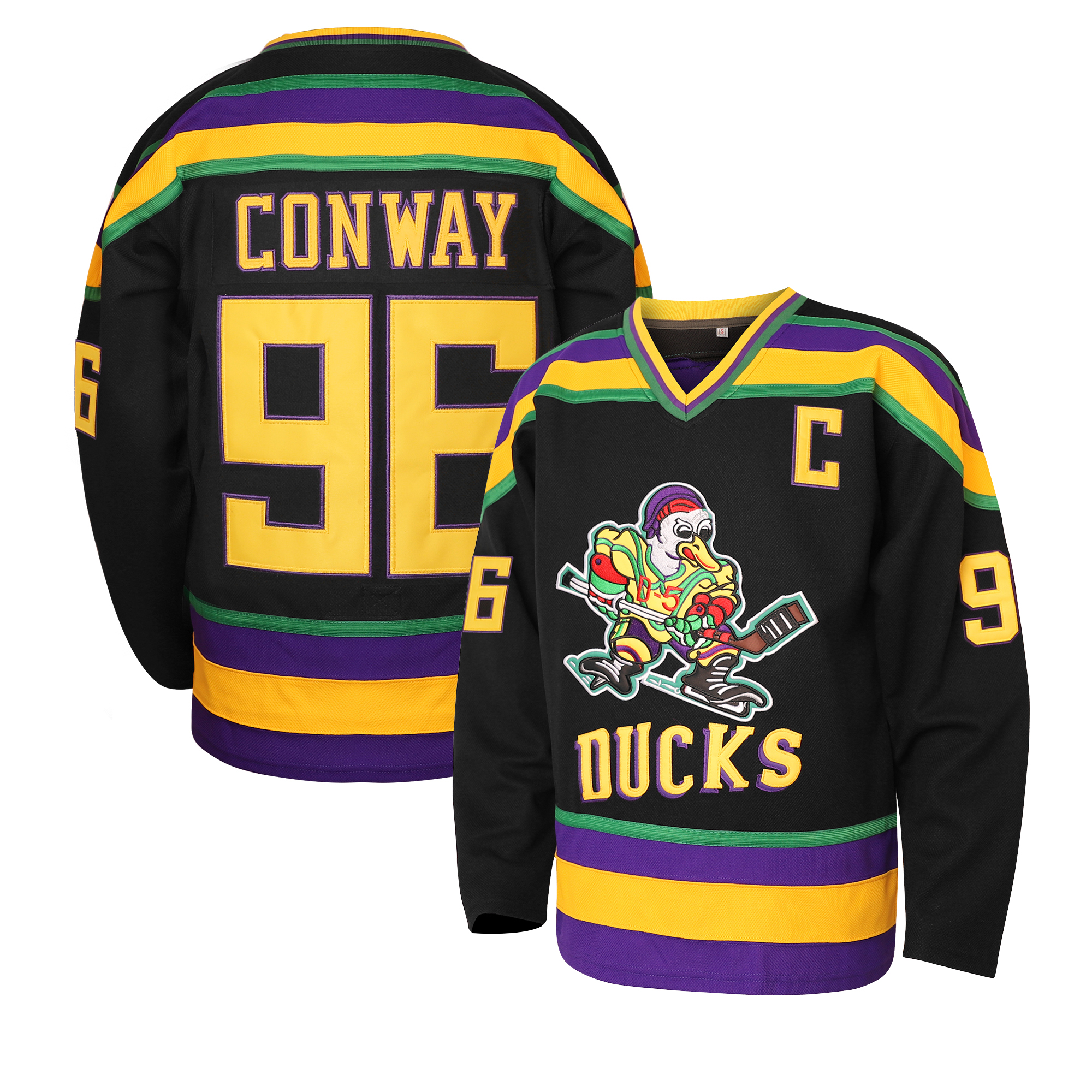 Men Youth Mighty Ducks Movie HOCKEY Jerseys 96 Charlie Conway 99 Adam Banks 33 Greg Goldberg Black Green Kids Embroidered Letter Number Design Polyest
