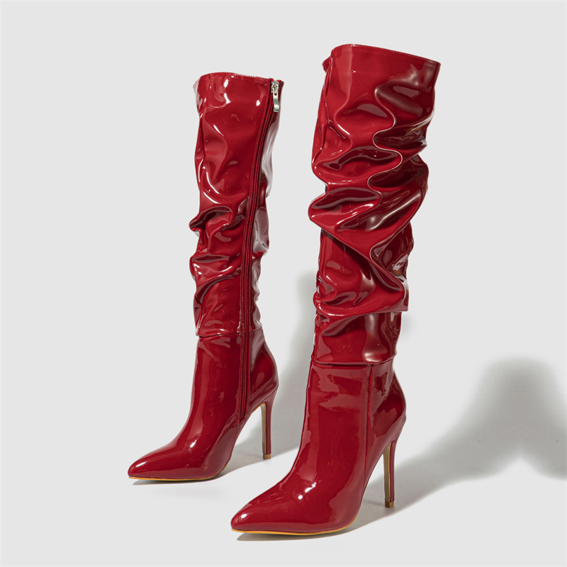 Eilyken Sexy Patent Leather Thin Heels Women Knee High Boots Pointed Toe Zipper Ladies Long Female Shoes Atos Mujer