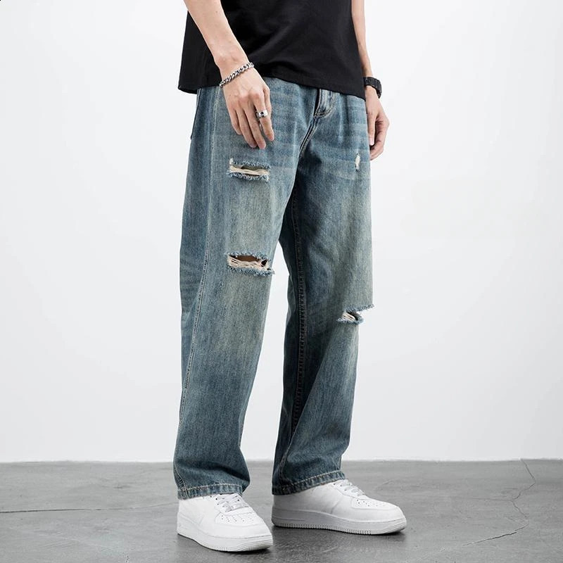 Mens jeans with broken straight Trojan horse holes loose and torn wide legs mens jeans pockets South Korean autumn Xs 241203