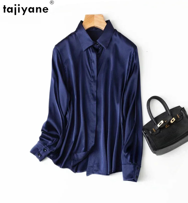 Tiyane Women's 93% Mulberry 7% Spandex 19 Momme Satin Silk Buttons Long Sleeve Shirt Top Blouse Office Work Chemise Femme