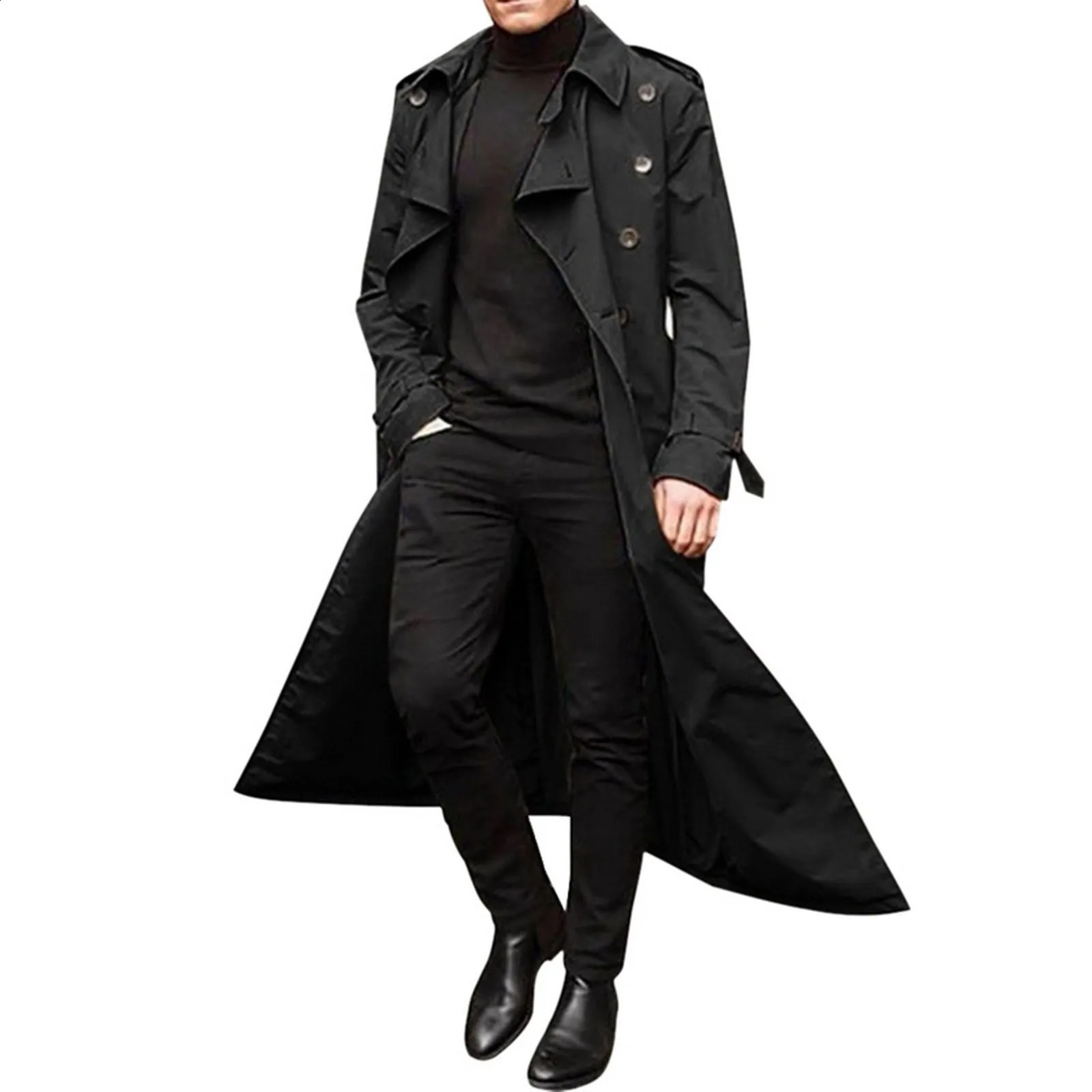 Mens windproof machine spring and autumn long chiffon ultra long trench coat classic trend double chest solid color temperature trench 241203