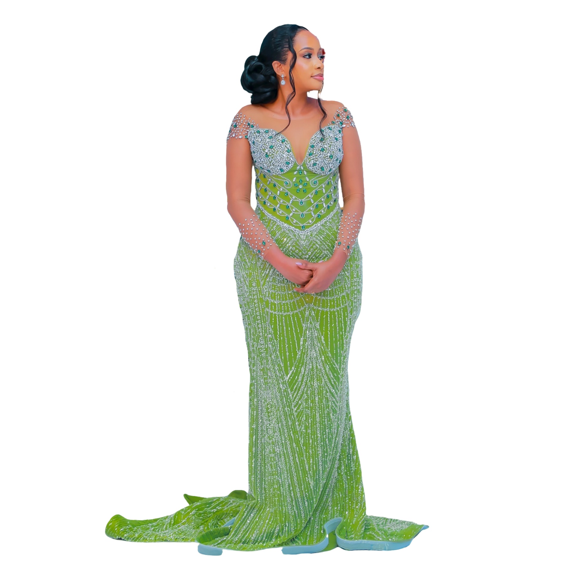 Green Mermaid Prom Dresses 2024 Rhinestones Beaded Full Sleeves Evening Formal Party Second Birthday Engagement Gowns Plus Size Dress For Special Occa