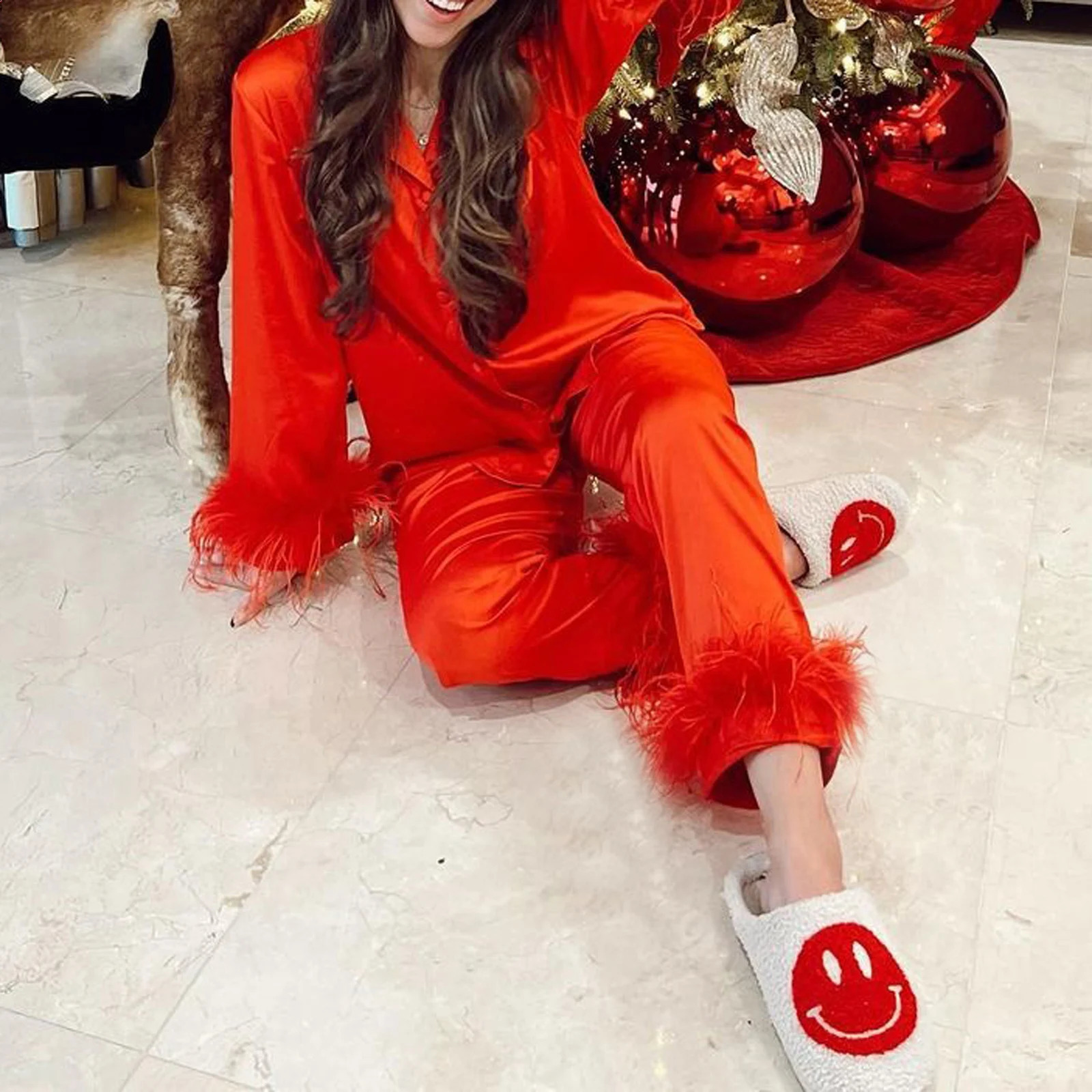 Christmas womens 2-piece pajama set long sleeved tassel lapel button top long pants pajama 241203