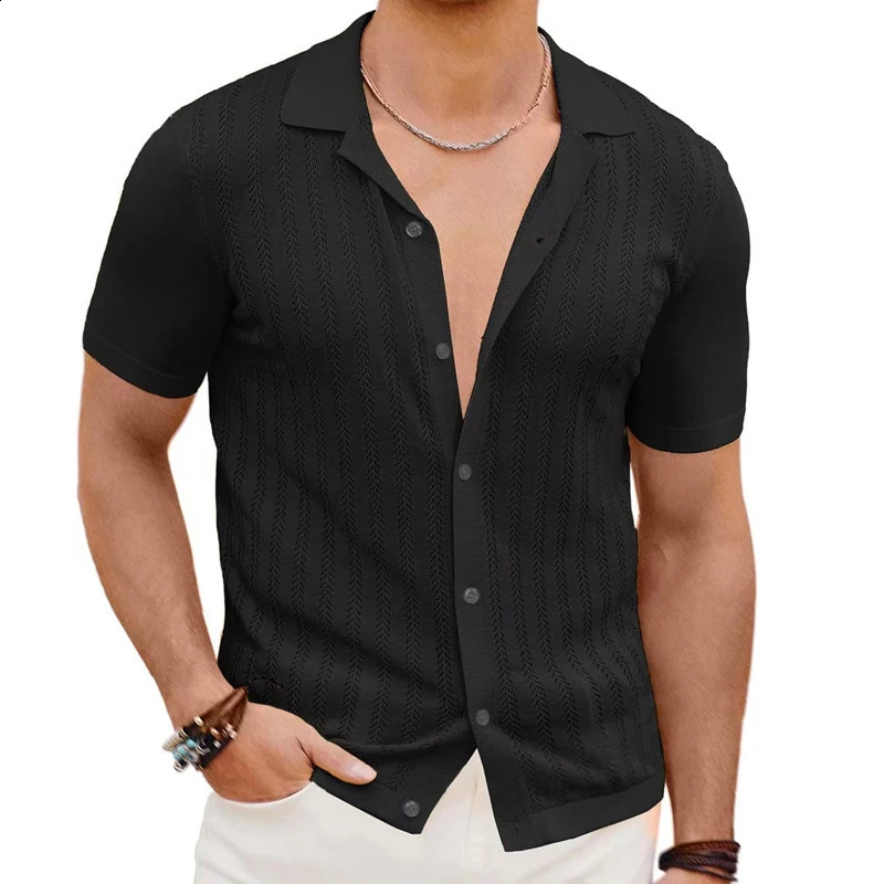 Mens summer short sleeved polo shirt knitted striped solid color breathable cardigan mens streetwear casual polo shirt 241203