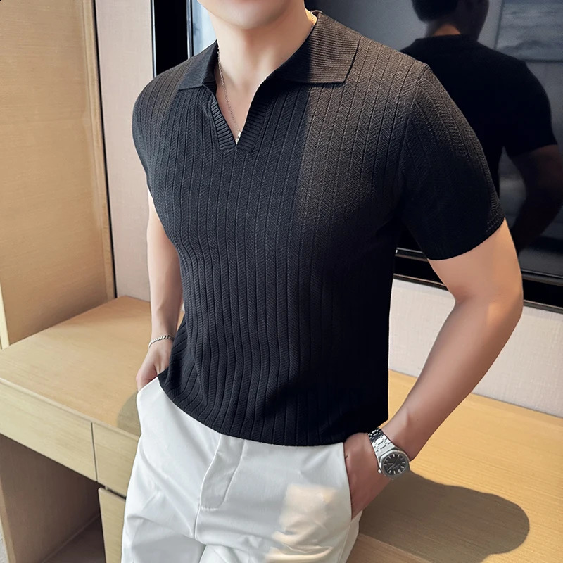 Summer Striped V-neck Knitted Polo Shirt Fashion Mens Short Sleeve Thin Breathable Casual Social T-shirt 4XL-M 241203