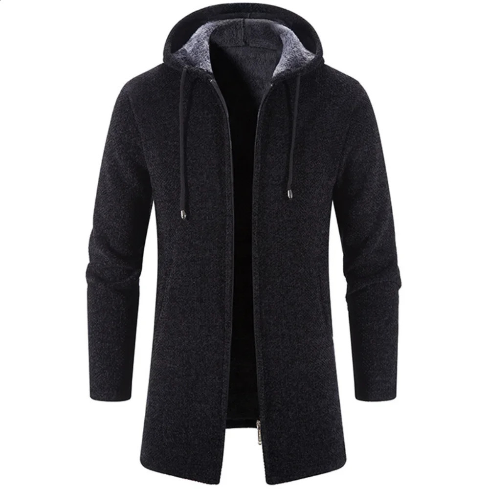 Autumn and winter mens zipper hooded cardigan sweater jacket warm medium length cardigan casual solid color knitted sweater 241203