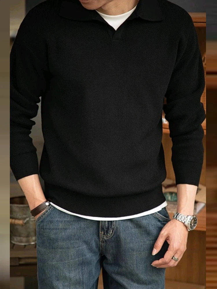 mens collar sweater autumn long sleeved solid color knitted polo shirt mens retro skydiving top streetwear sweater 241203