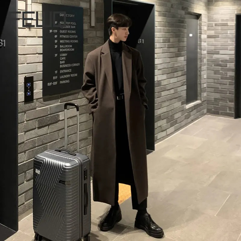 FEWQ Mens Woolen Coat Knee Korean Fashion Winter Thick Windbreaker Solid Color Long Sleeve Male Trench Casual 24E5103 241204