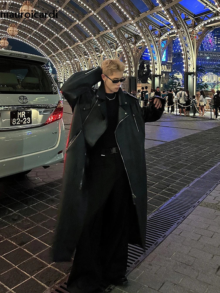 Mauroicardi Spring and Autumn Ultra Thin Black Pu Leather Trench Coat Mens Zipper Loose European Fashion 241203