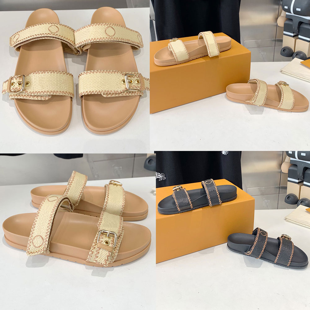Bom Dia Flat Comfort Mule Natural Raffia slide 1AZID designer sandals embroidered sign pattern slide lightweight rubber outsole comfort summer vacation sandal