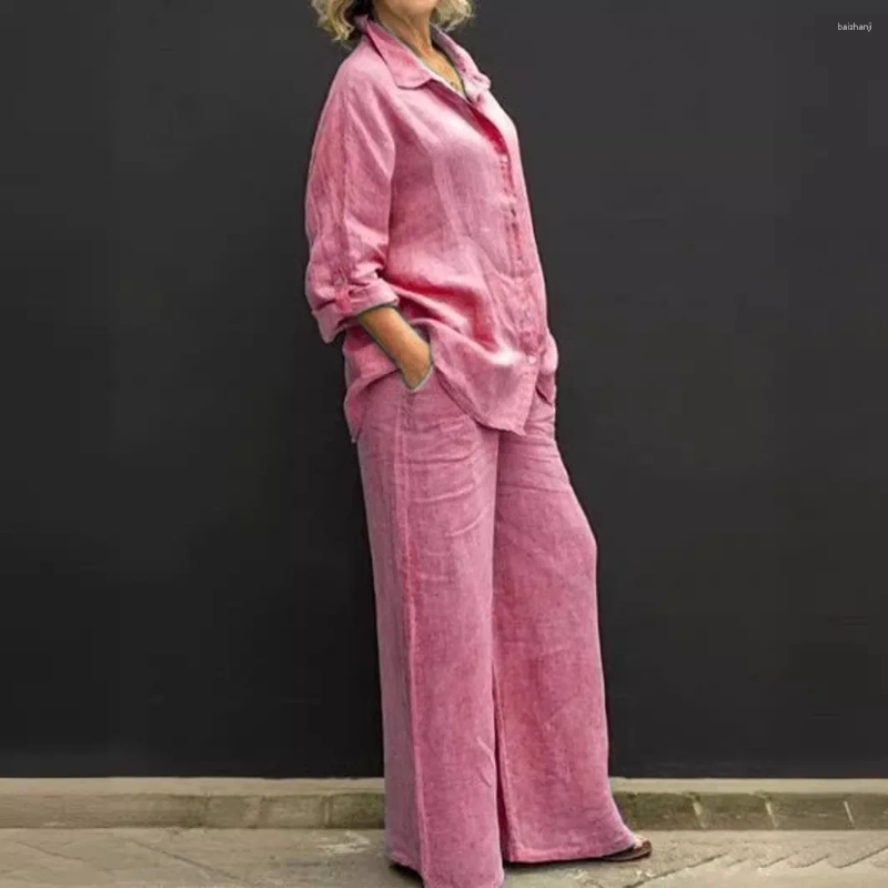 Womens Two Piece Pants 2pcs Women Clothes Set Solid Color Cotton Linen Loose Long Sleeve Shirt W