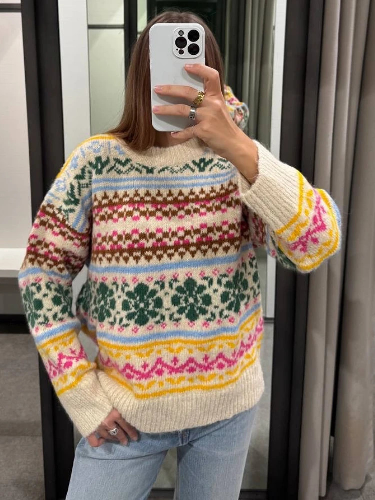 Women Oversize Jacquard Knit Sweater Oneck Long Sleeves Multicolor Elastic Hem Christmas Pullover Fall Winter Chic 241203