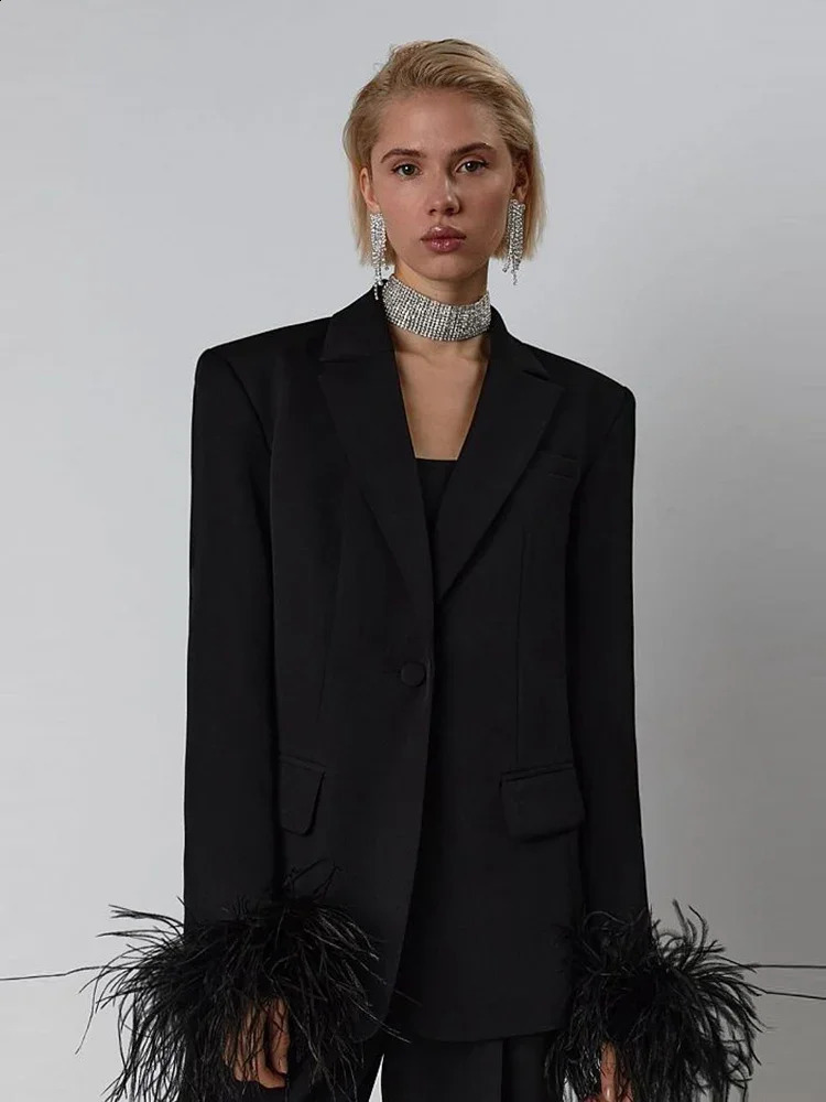 Sexy Feathers Blazer PantSuit Women Black Rose Red Feather Long Sleeve Blazer JacketHihg Waist Pants Two Piece Sets Party Suits 241203