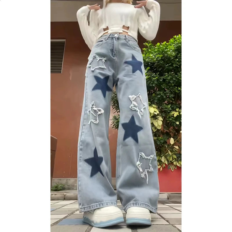 Womens Luggage Blue Star Jeans Retro Y2k 90s Aesthetic Denim Trouser Harajuku High Waist Wide Jeans 2000s Clothing 241203