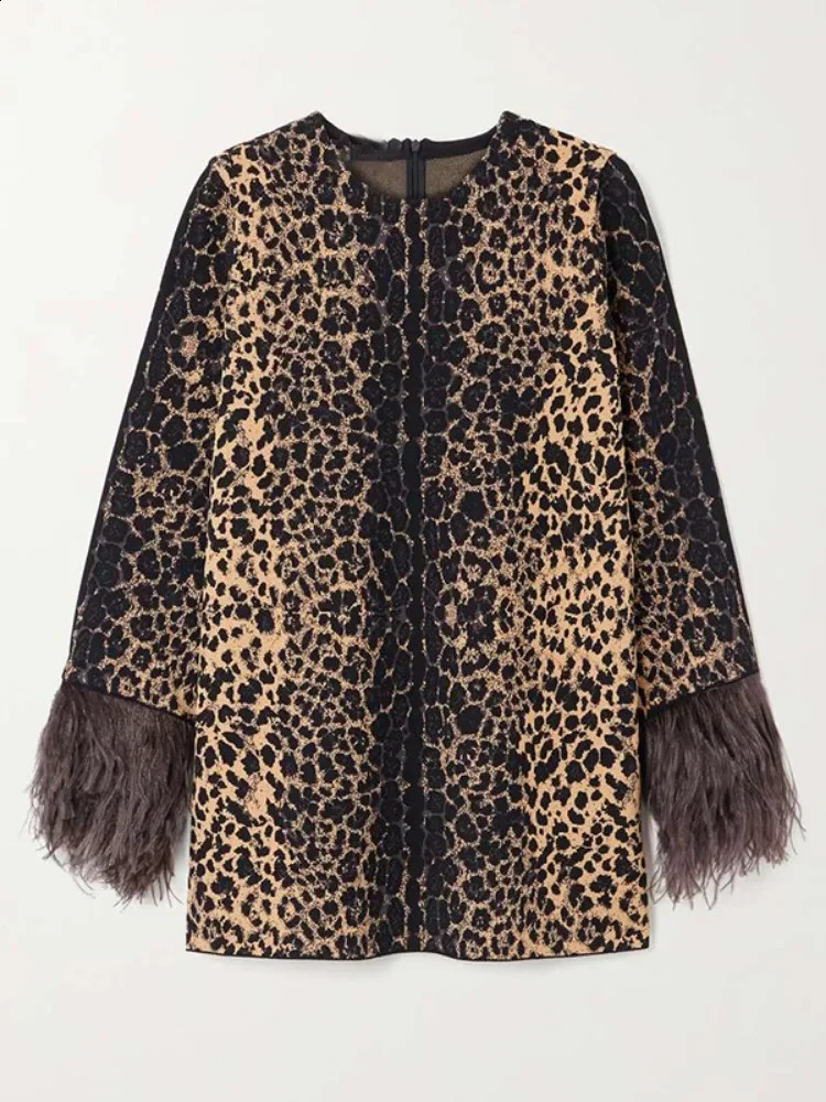 Missoo Autumn Leopard Feather Set Round Neck Long Sleeve Top High Waist Straight Pants Elegant Pants Set 241203