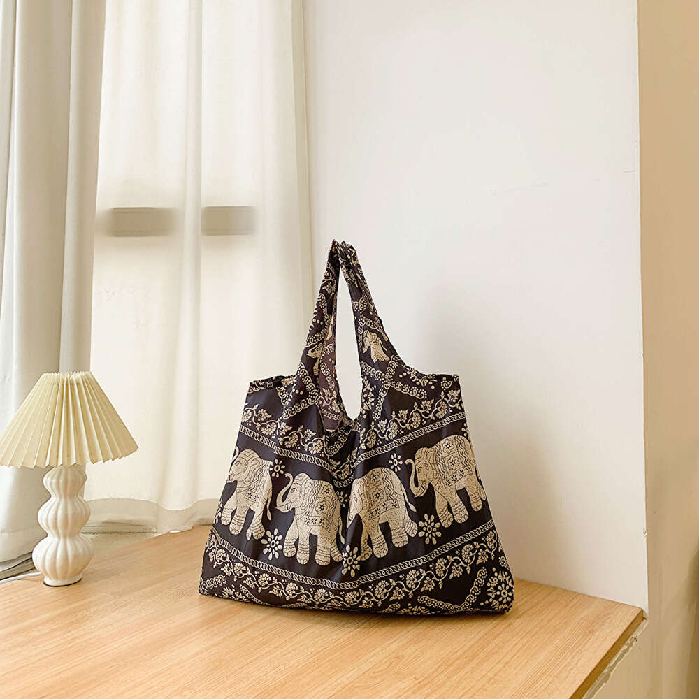 Elephant pattern shopping foldable shoulder bag, women's large capacity tote bag