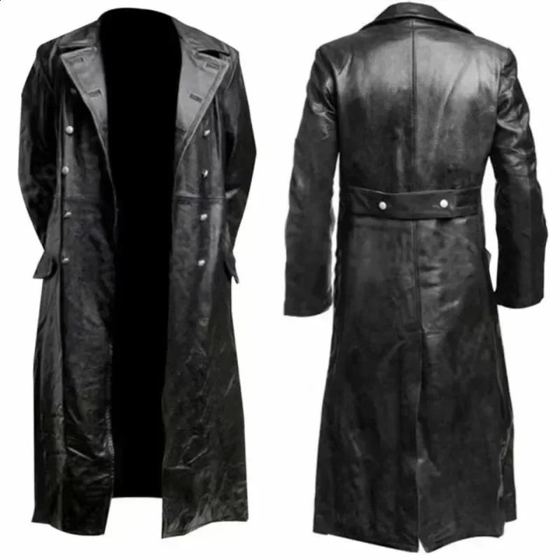Black leather raincoat officer military classic German mens jacket mens long jacket 241203