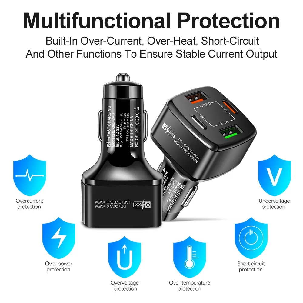Dual USB Car Charger Quick Charge 3.0 Auto Charger 4 Ports 2USB Type-C PD 38W Car Charger Fast Charging Adapter for Phone