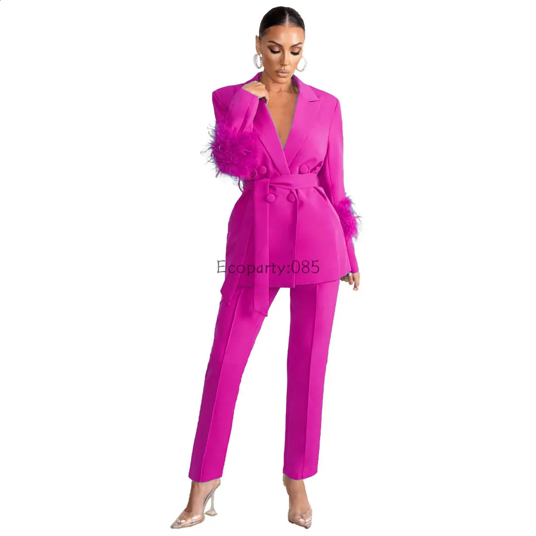 Elegant Womens 2-piece Solid Notched Collar Jacket Zipper Pants Feather Upright Coat Womens Set Autumn/Winter Office Clothes 241203